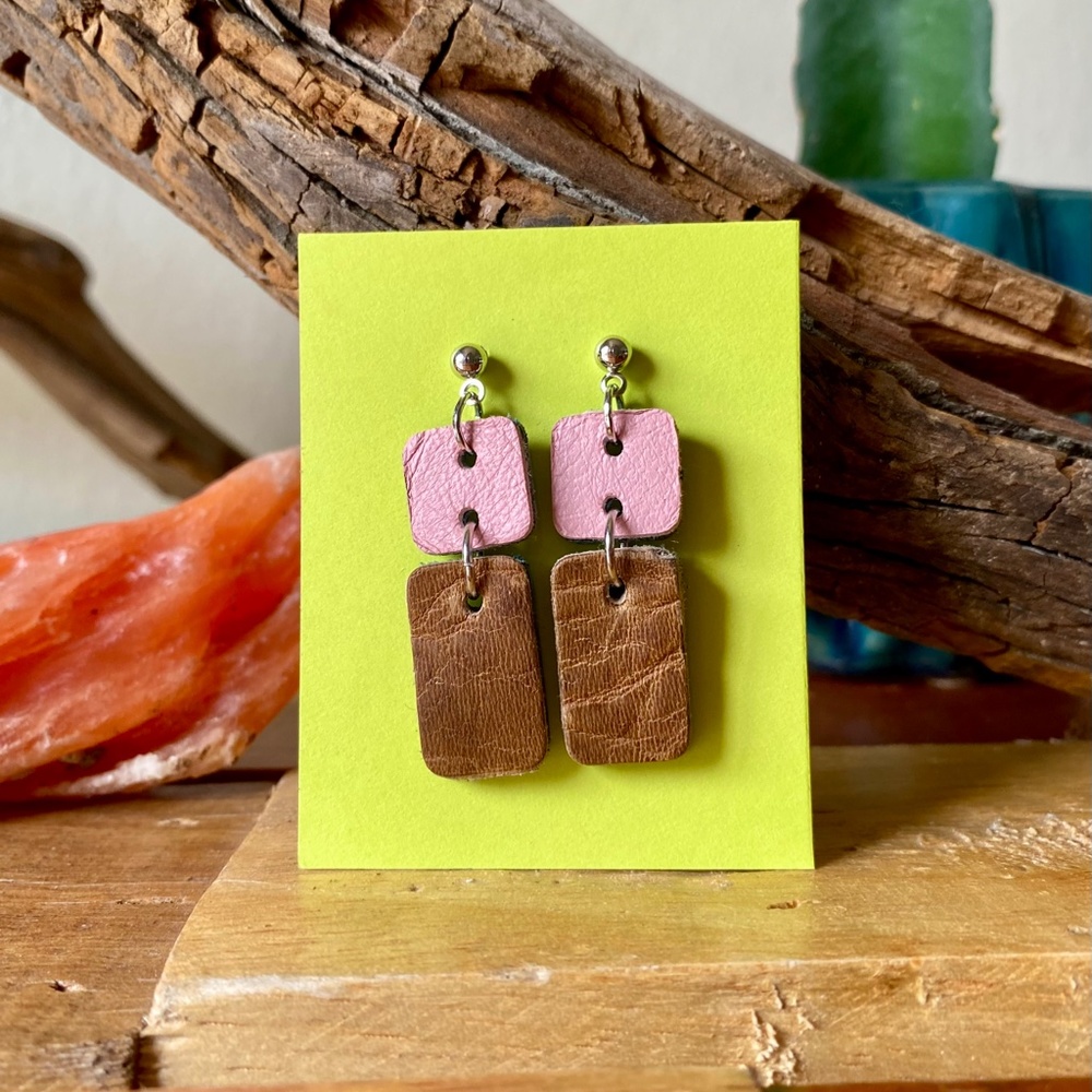 Leather Earrings Rectangle Pink and Tan Lightweight Geometric Push Back